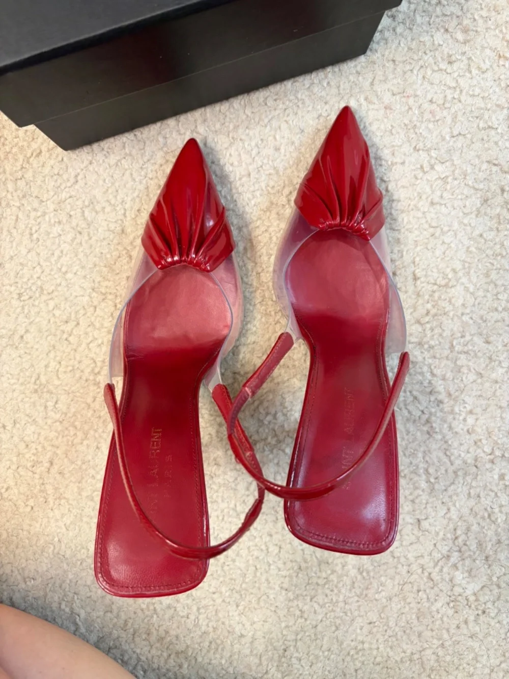 $1,095 SAINT LAURENT Frida Leather And Pvc Slingback Pumps In Cherry - Picture 3 of 13